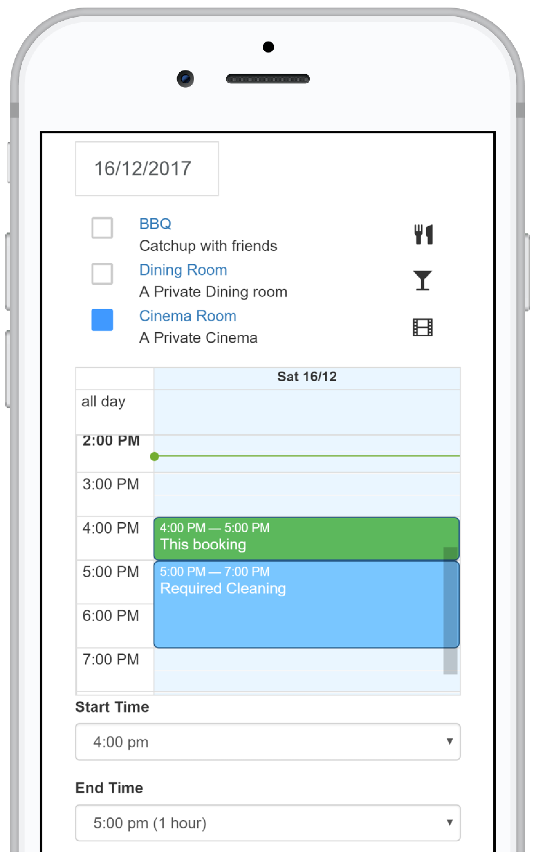 Example booking system screenshot on mobile